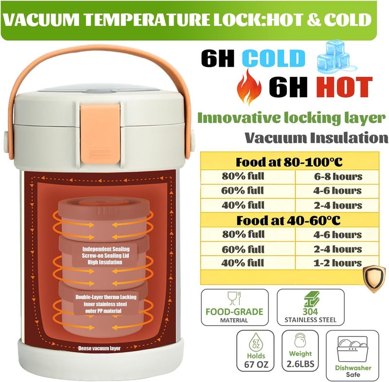 GraceKit 67 oz Audult Hot Food Insulated Food Container,2L 3 Layer Insulated Lunch Box Kit Stainless Steel Vacuum Soup Food Thermo Stackable Hot Food Jar Bento Box for Men, Women-Opaline - Image 3